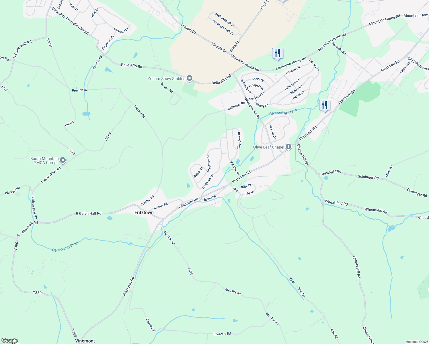 map of restaurants, bars, coffee shops, grocery stores, and more near 219 Longview Drive in Sinking Spring