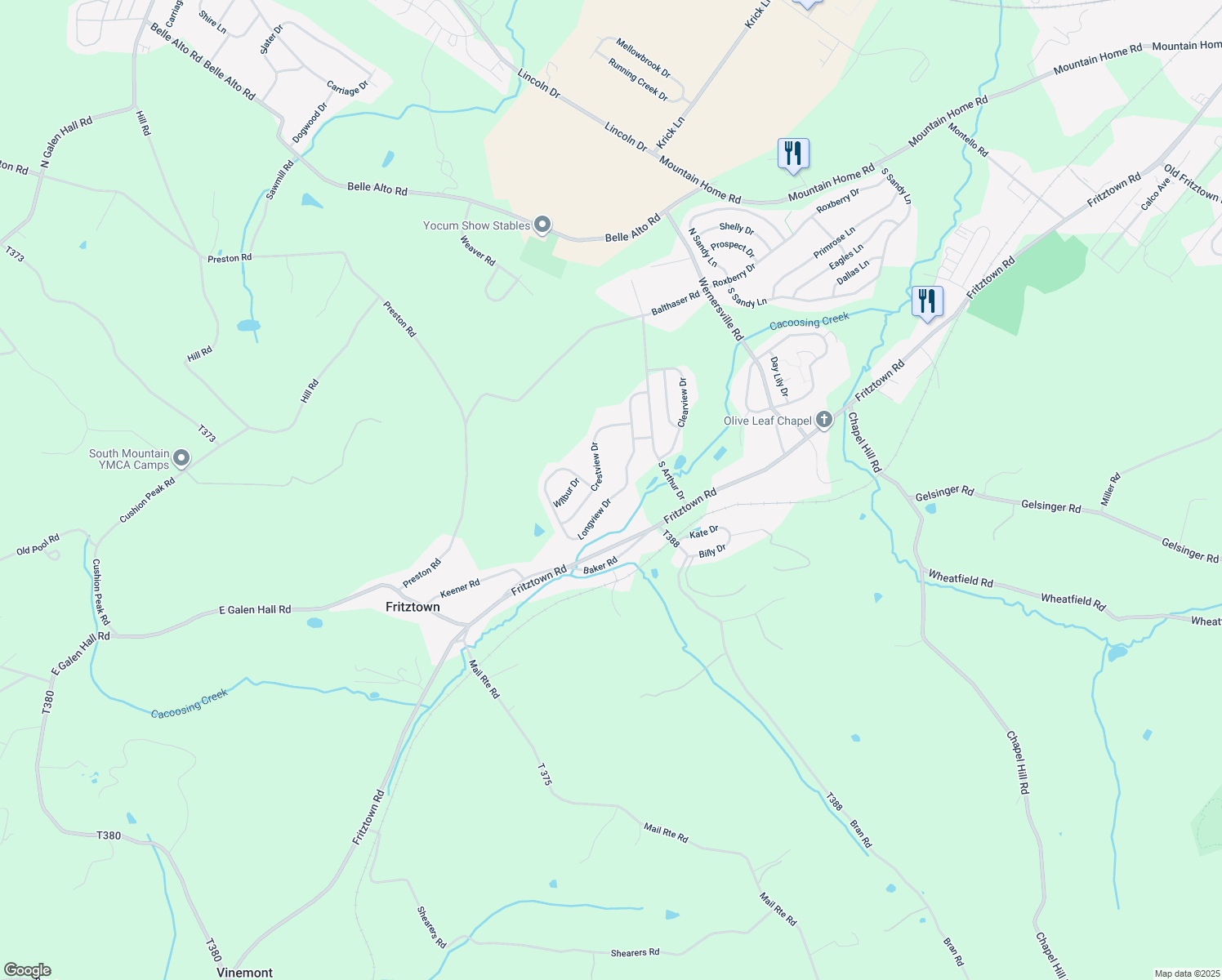 map of restaurants, bars, coffee shops, grocery stores, and more near 219 Longview Drive in Sinking Spring