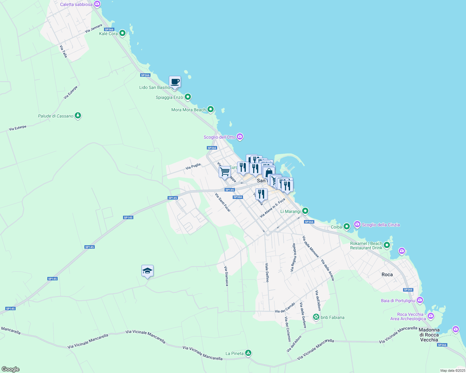 map of restaurants, bars, coffee shops, grocery stores, and more near 112 Via Duca Degli Abbruzzi in San Foca