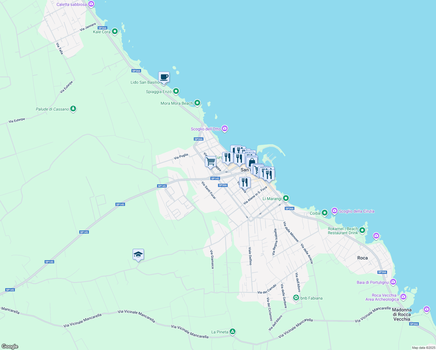 map of restaurants, bars, coffee shops, grocery stores, and more near 112 Via Duca Degli Abbruzzi in San Foca
