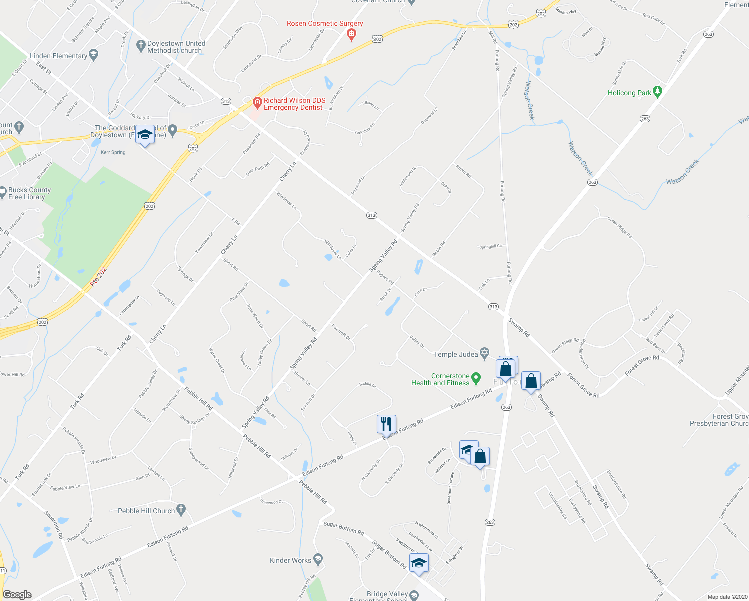 map of restaurants, bars, coffee shops, grocery stores, and more near 30 Brook Drive in Furlong