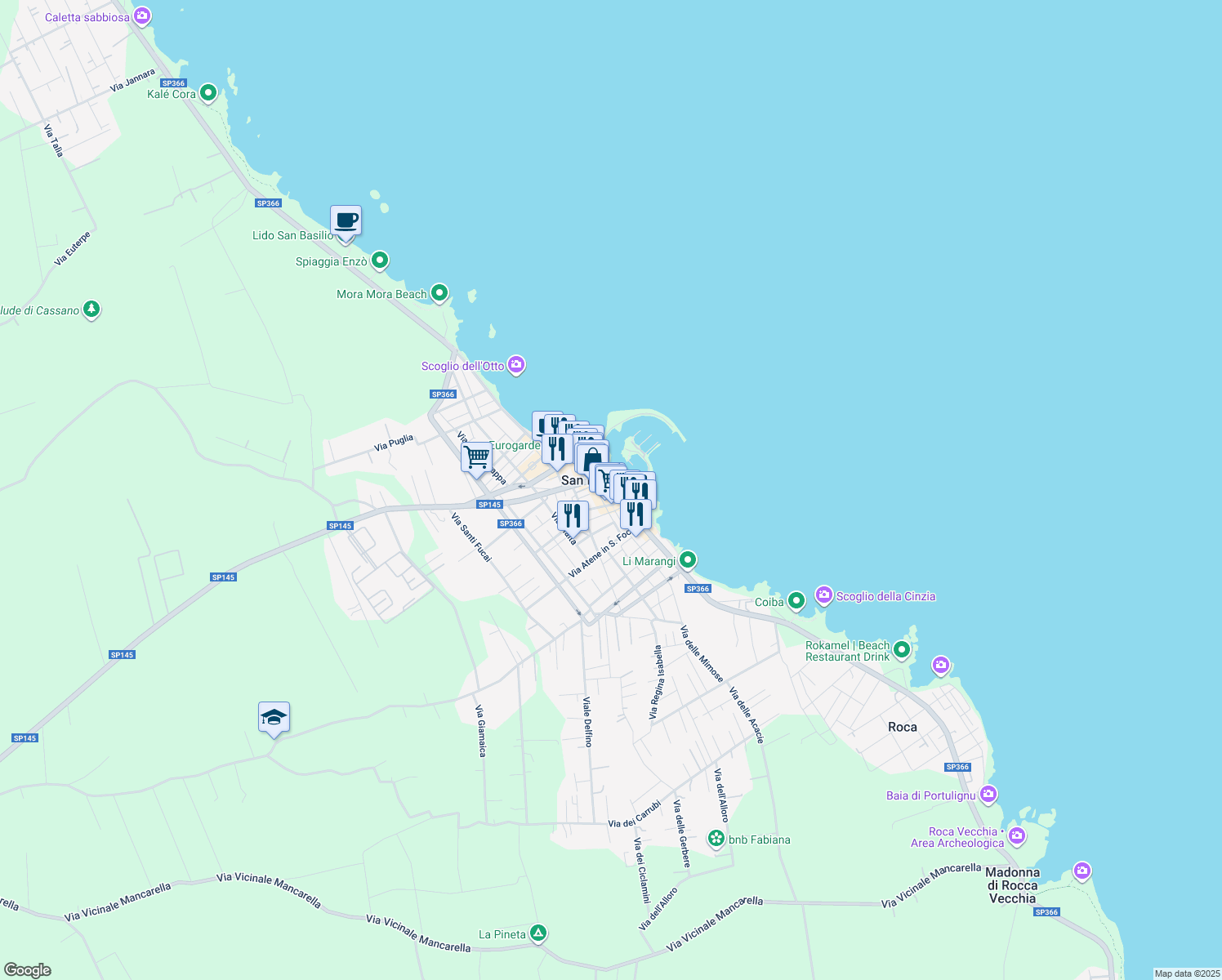 map of restaurants, bars, coffee shops, grocery stores, and more near 4 Via Quarto in San Foca