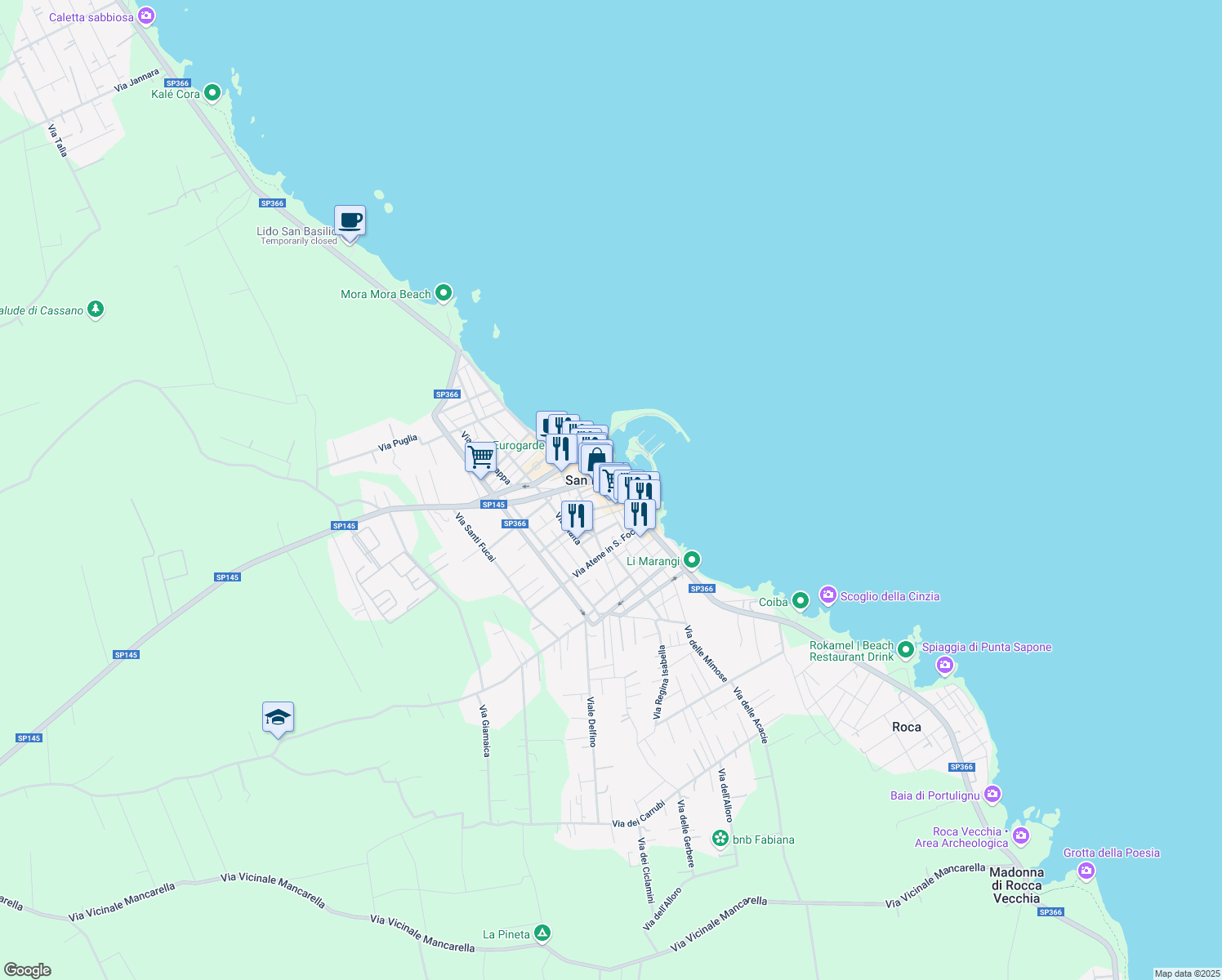 map of restaurants, bars, coffee shops, grocery stores, and more near 4 Via Quarto in San Foca