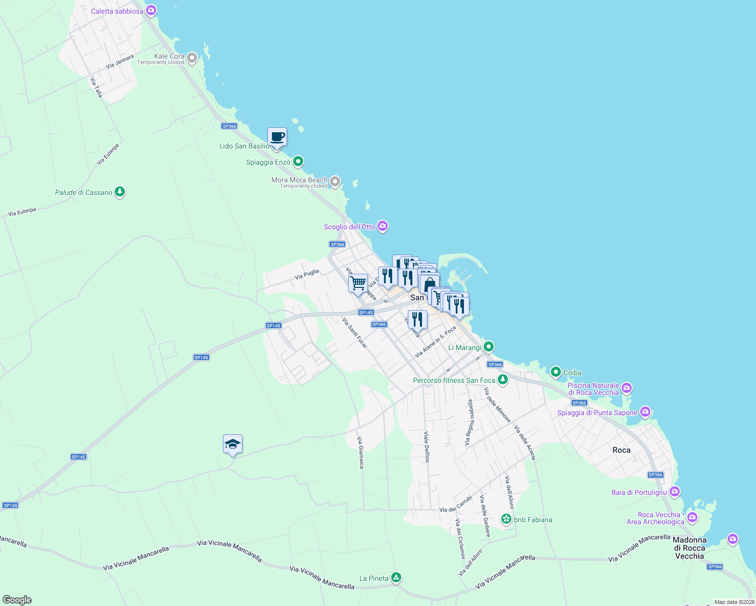 map of restaurants, bars, coffee shops, grocery stores, and more near 112 Via Duca Degli Abbruzzi in San Foca