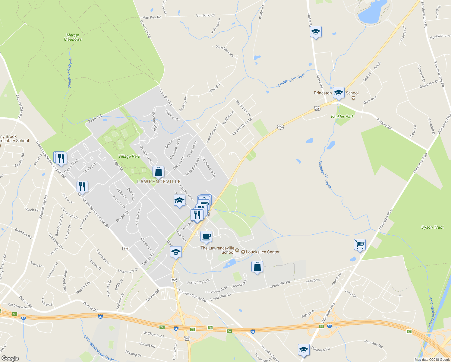 map of restaurants, bars, coffee shops, grocery stores, and more near 2801 Main Street in Lawrence Township