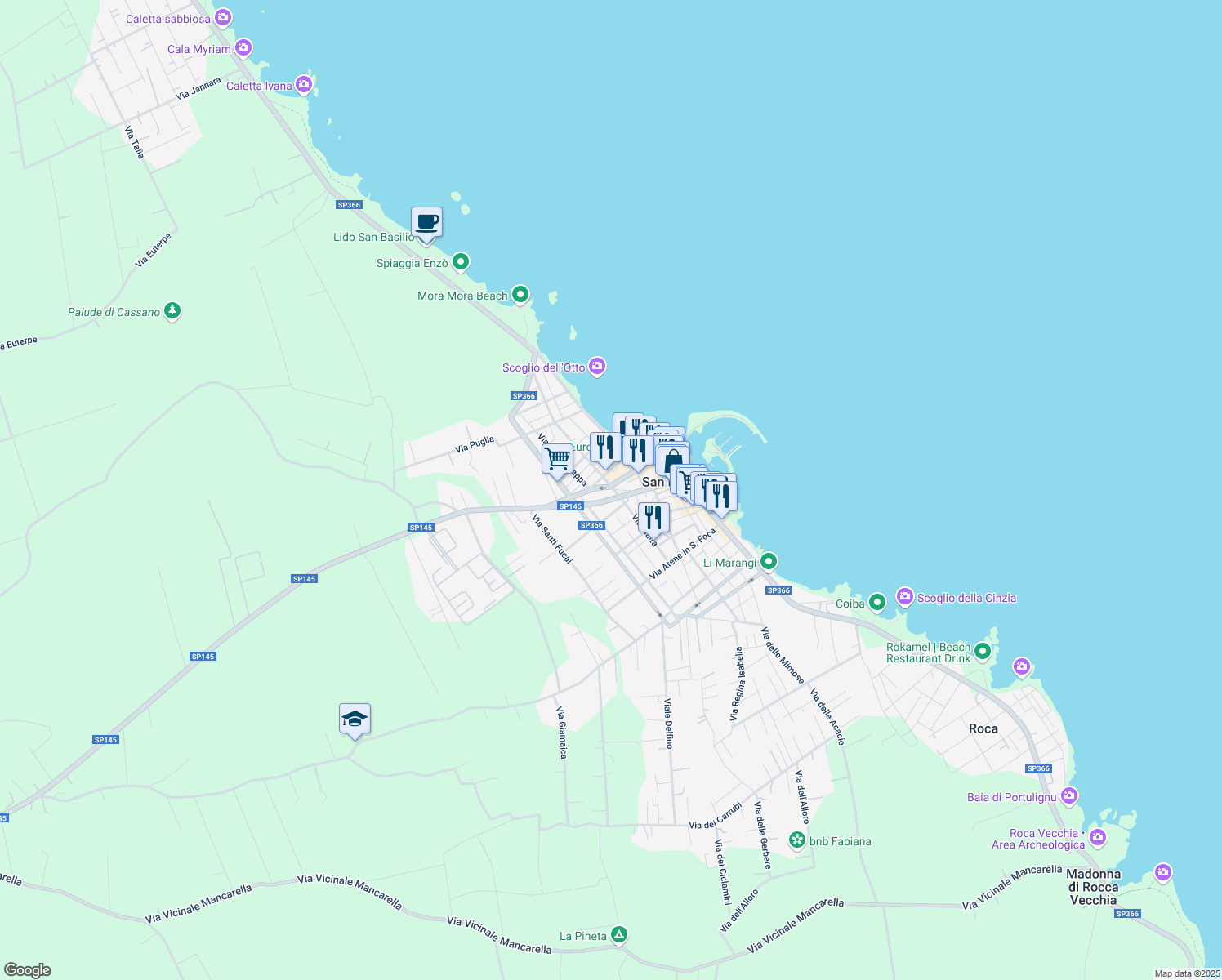 map of restaurants, bars, coffee shops, grocery stores, and more near Strada Provinciale 145 in San Foca