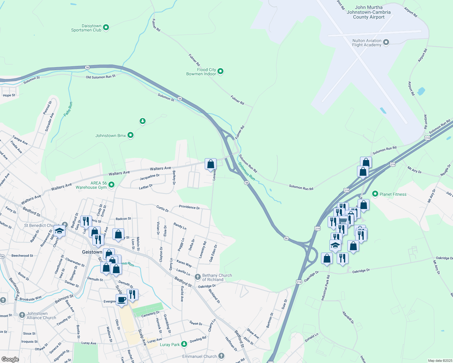 map of restaurants, bars, coffee shops, grocery stores, and more near 101-199 Foust Dr in Johnstown
