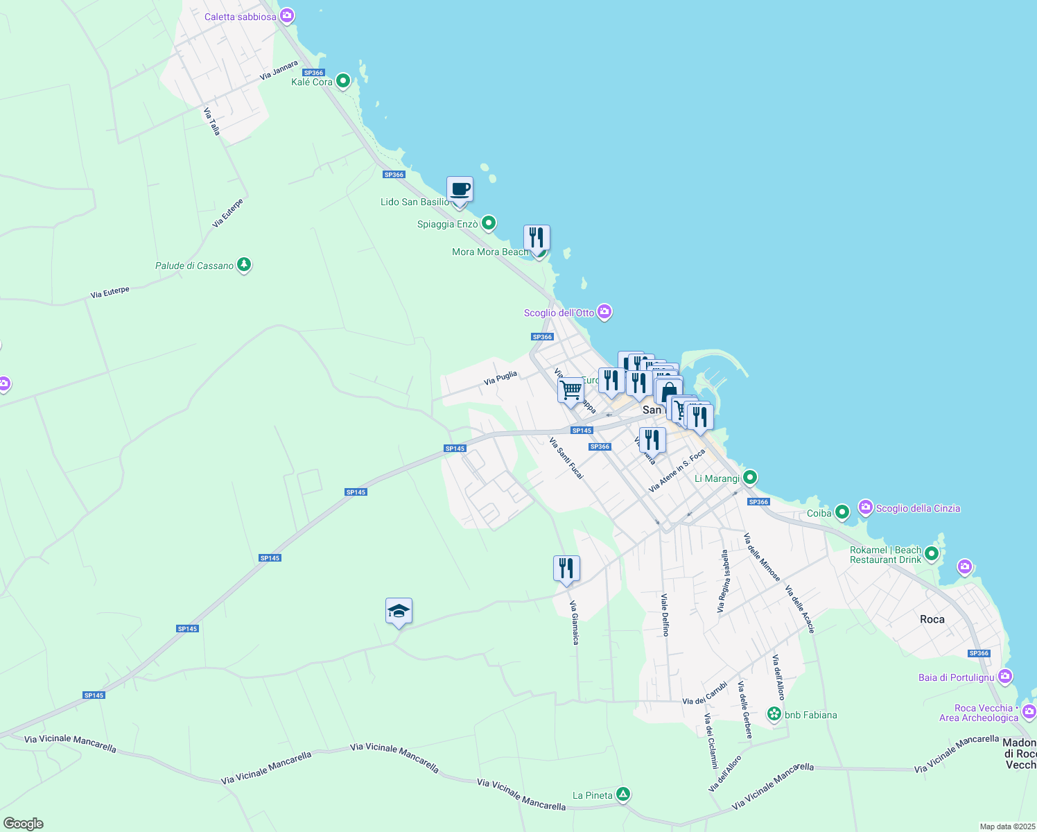 map of restaurants, bars, coffee shops, grocery stores, and more near 5 Via Matteo Ricci in San Foca