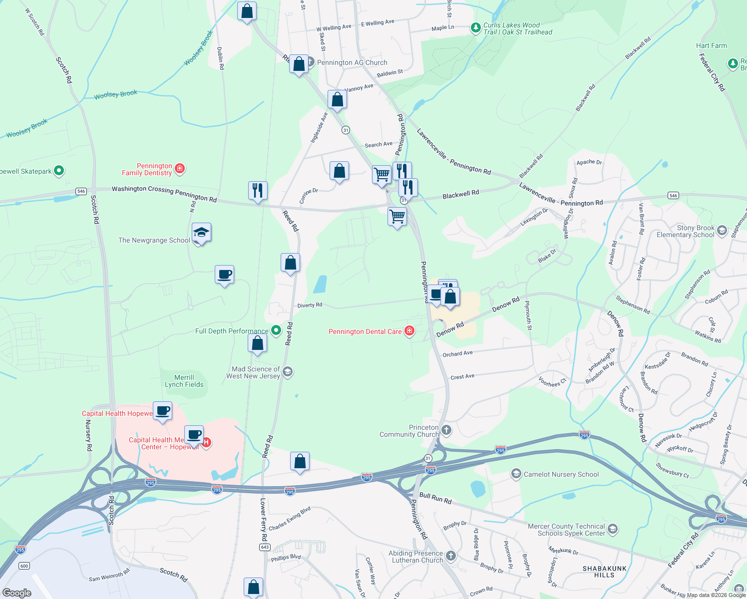 map of restaurants, bars, coffee shops, grocery stores, and more near 22 Diverty Rd in Pennington