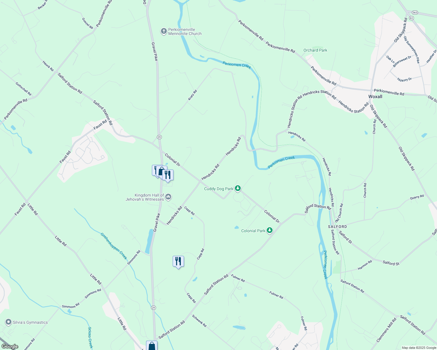 map of restaurants, bars, coffee shops, grocery stores, and more near 207 Hendricks Road in Perkiomenville