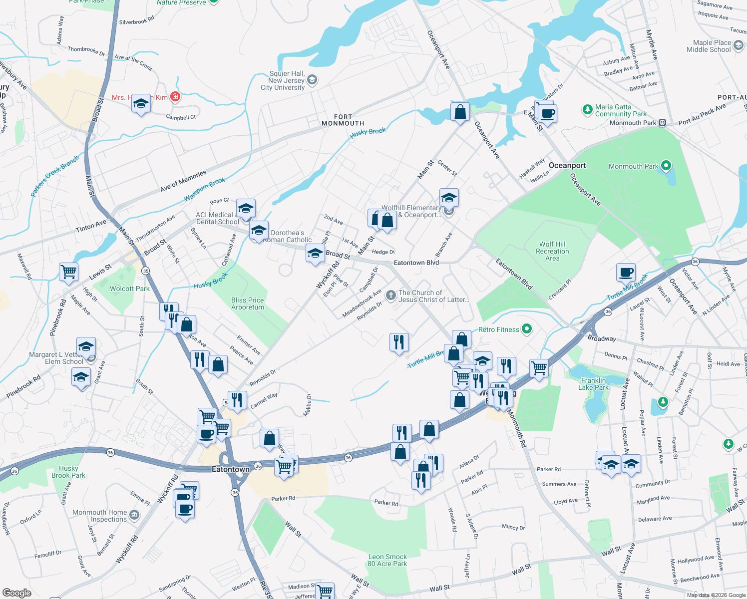 map of restaurants, bars, coffee shops, grocery stores, and more near 20 Meadowbrook Ave in Eatontown