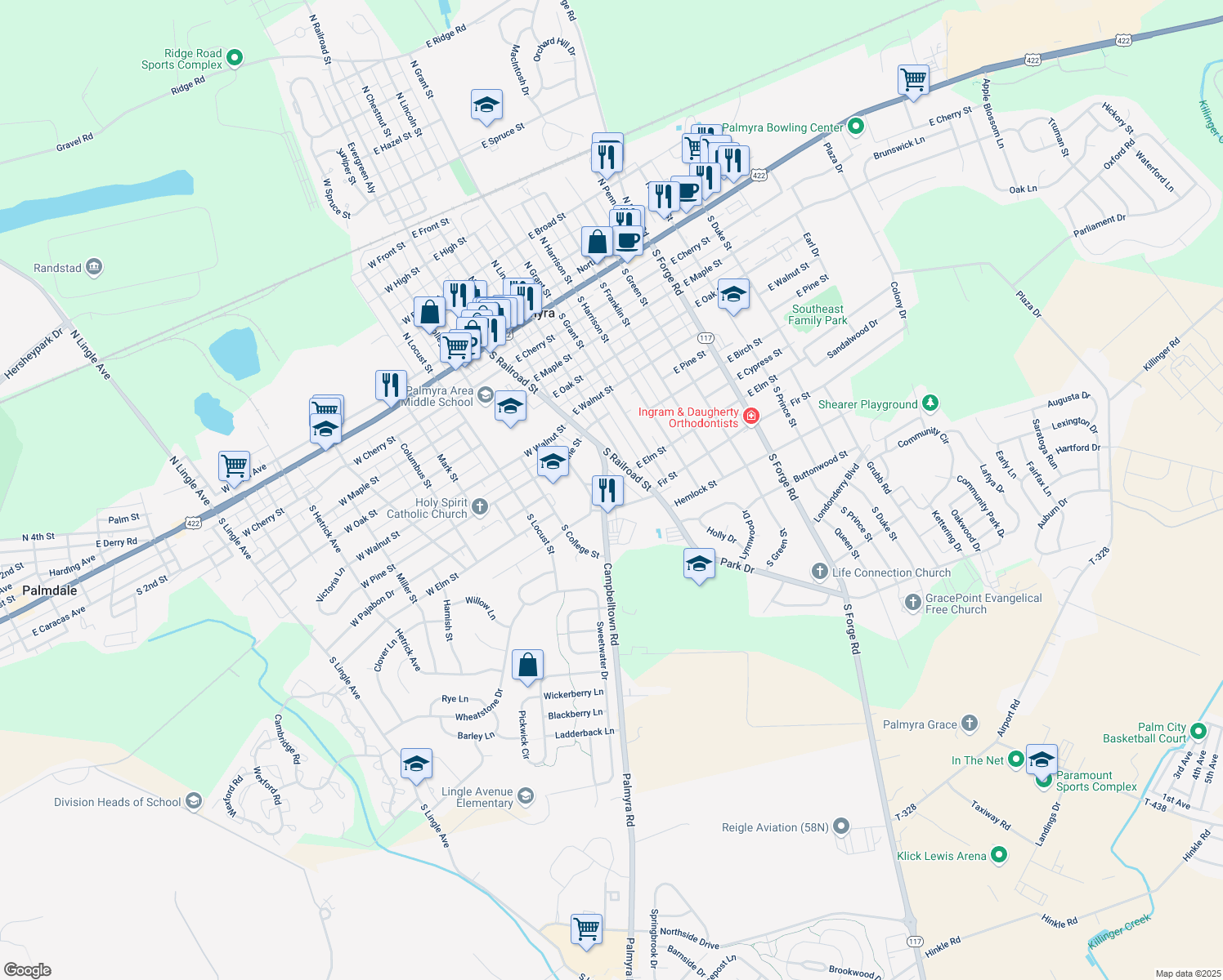 map of restaurants, bars, coffee shops, grocery stores, and more near 100 Campbelltown Road in Palmyra