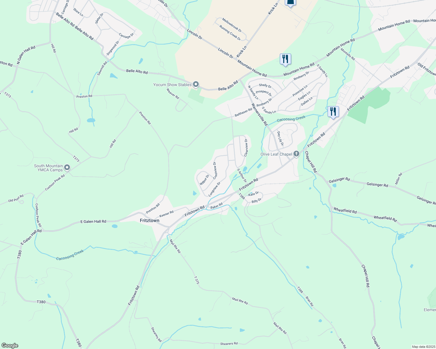 map of restaurants, bars, coffee shops, grocery stores, and more near 24 Crestview Drive in Sinking Spring
