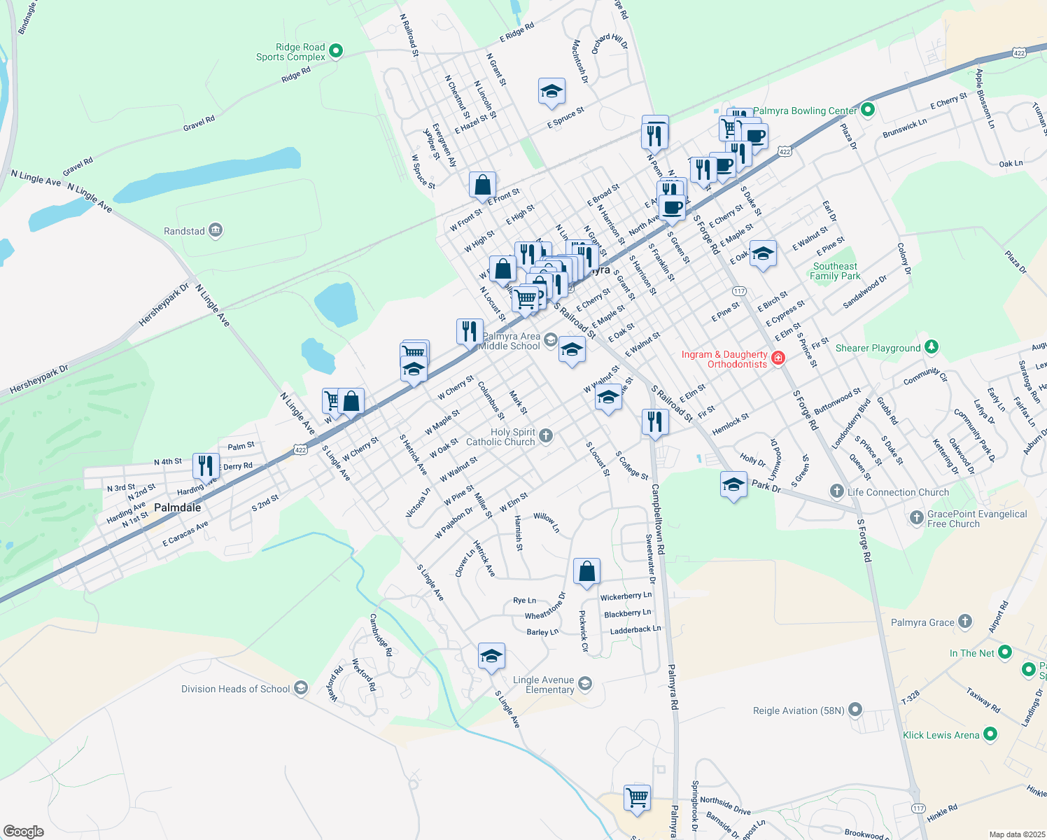 map of restaurants, bars, coffee shops, grocery stores, and more near 301 W Walnut St in Palmyra