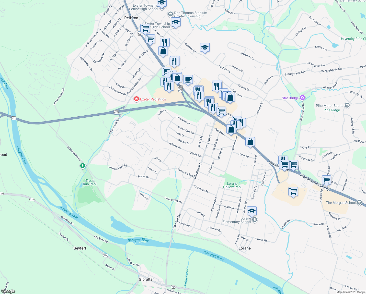 map of restaurants, bars, coffee shops, grocery stores, and more near 4539 Hillside Road in Reading