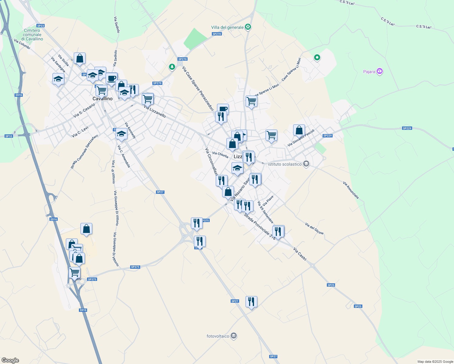 map of restaurants, bars, coffee shops, grocery stores, and more near 14 Via Kennedy in Lizzanello