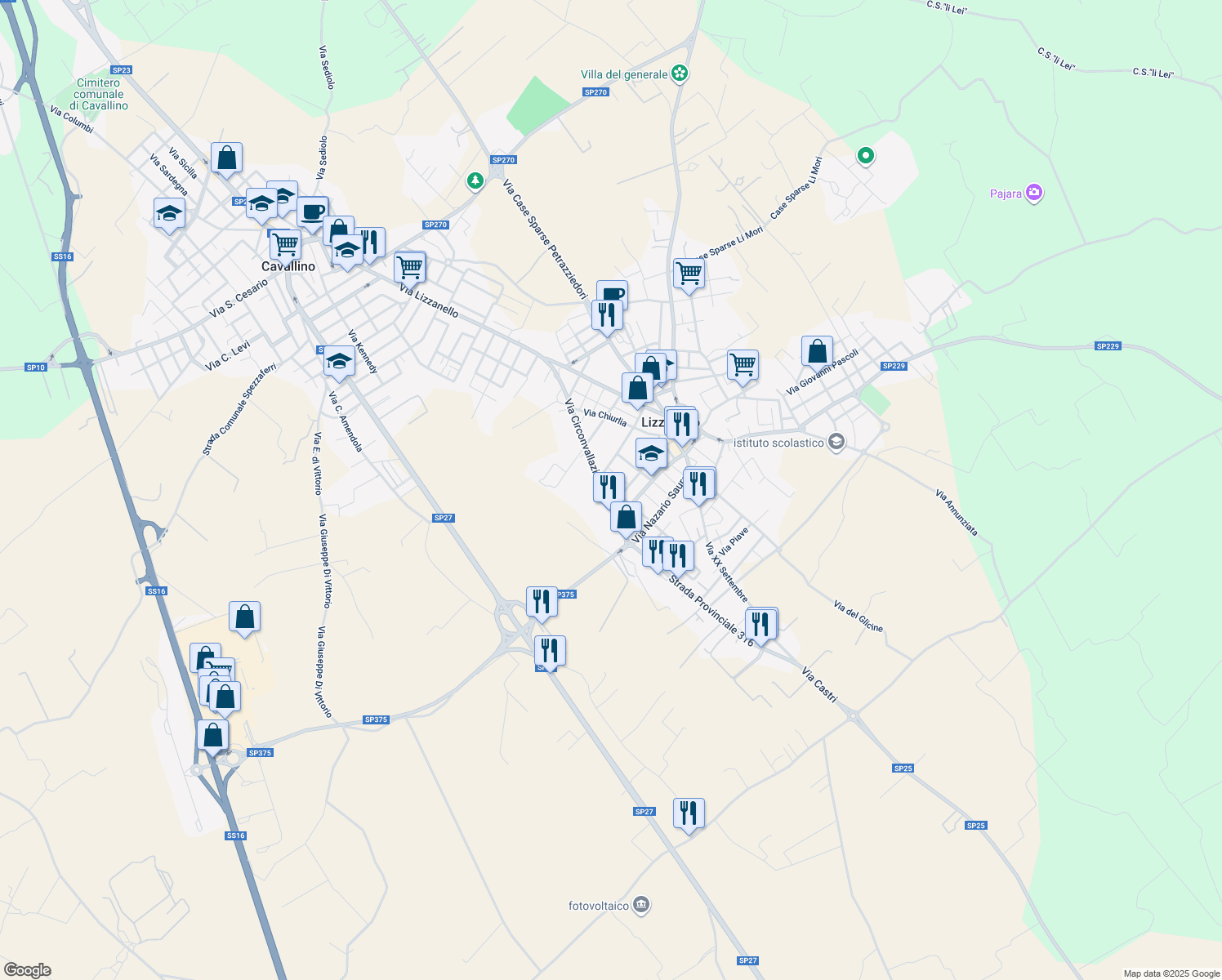 map of restaurants, bars, coffee shops, grocery stores, and more near 14 Via Kennedy in Lizzanello