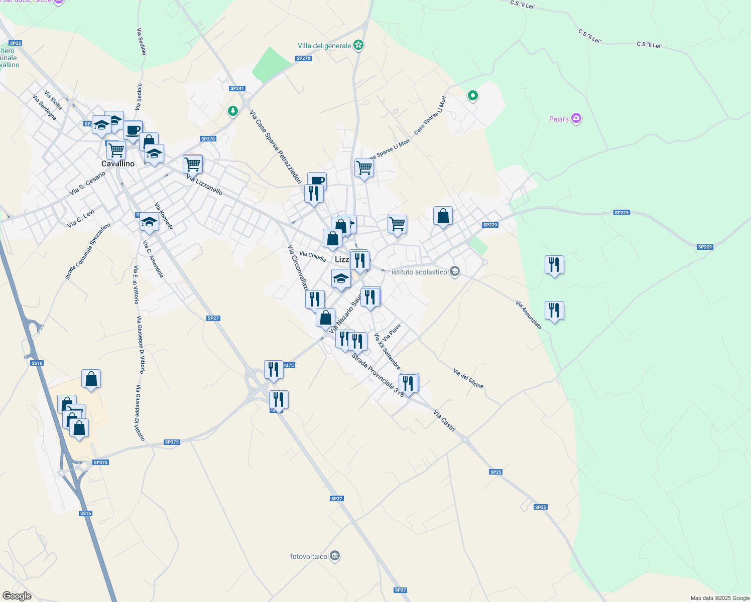 map of restaurants, bars, coffee shops, grocery stores, and more near 4 Via N. Marangi in Lizzanello