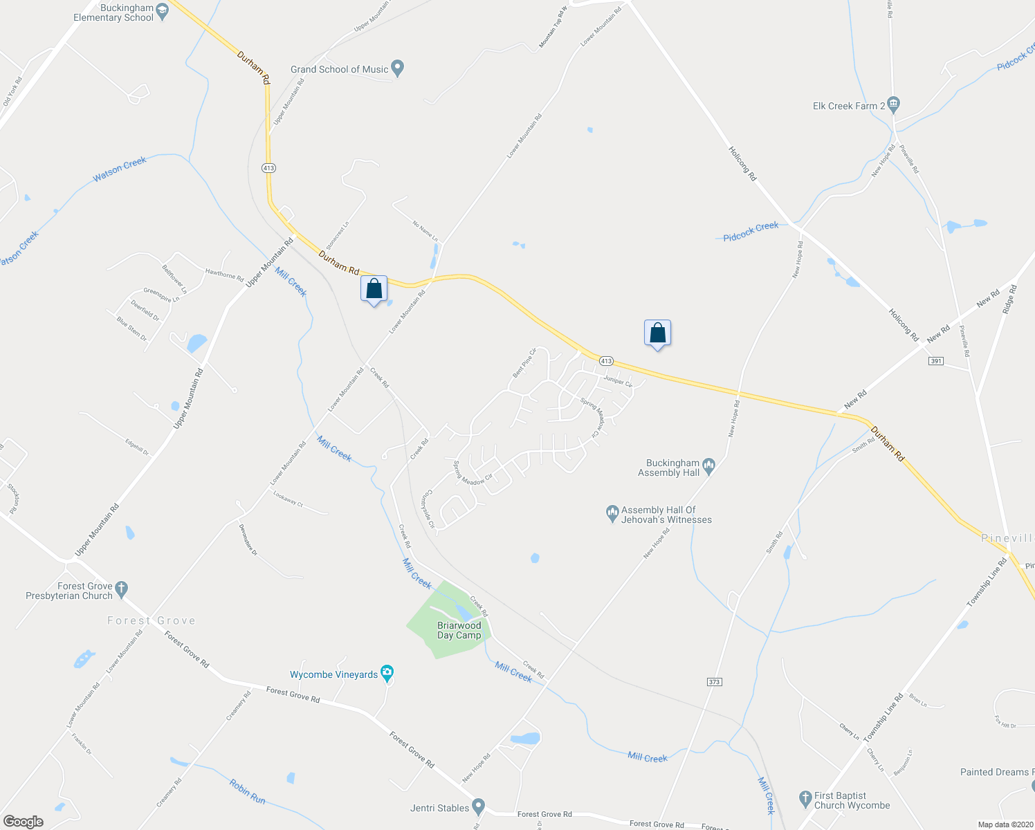 map of restaurants, bars, coffee shops, grocery stores, and more near 554 Greentree Drive in New Hope