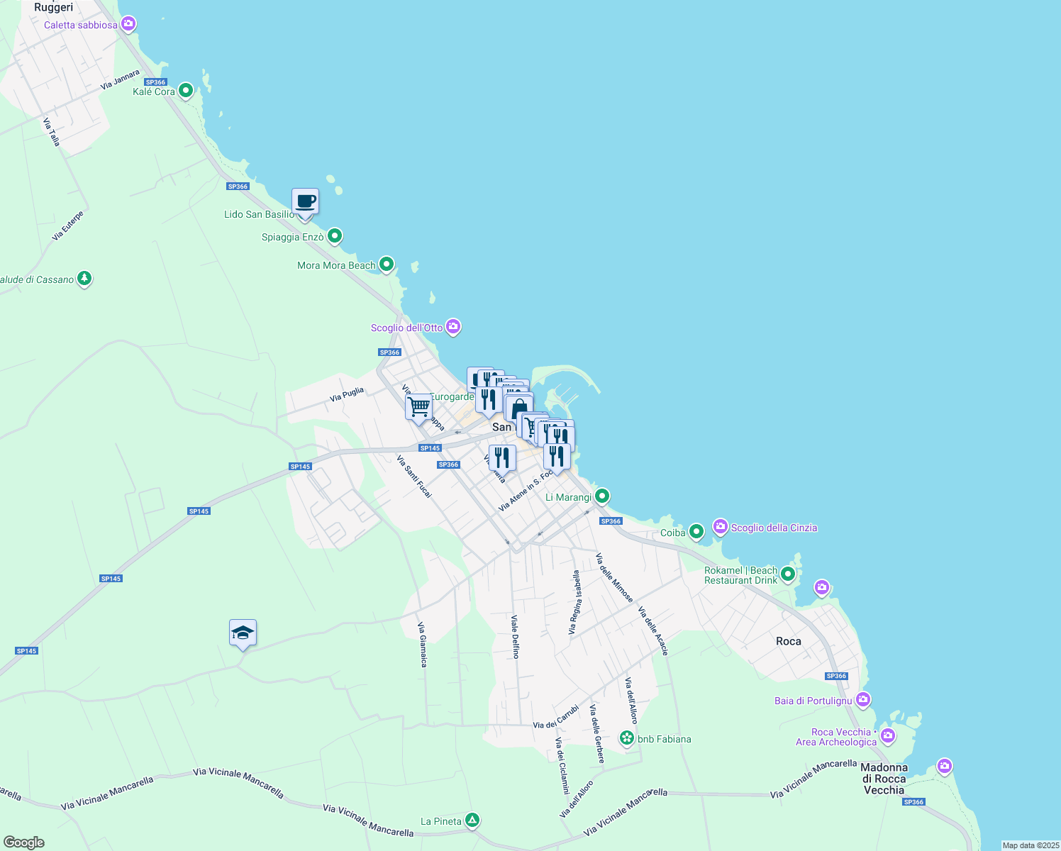 map of restaurants, bars, coffee shops, grocery stores, and more near 4 Via Quarto in San Foca