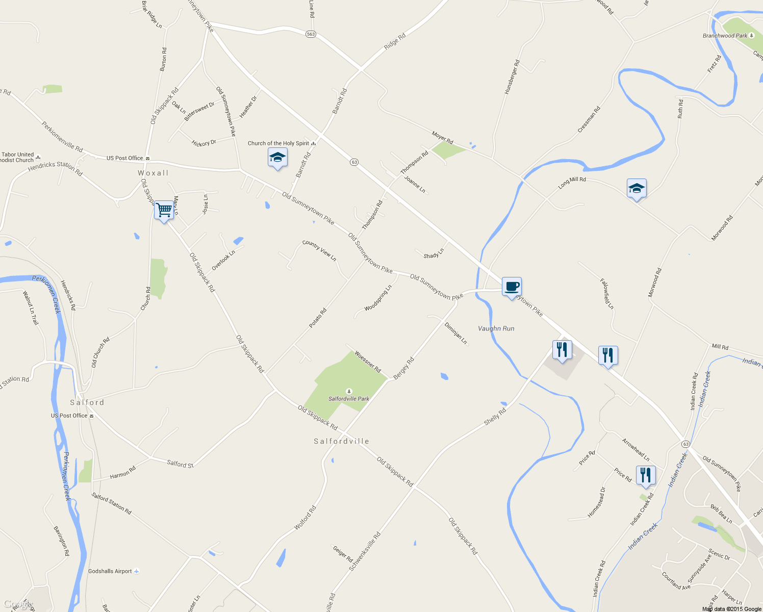 map of restaurants, bars, coffee shops, grocery stores, and more near 2600 Woodspring Ln in Harleysville