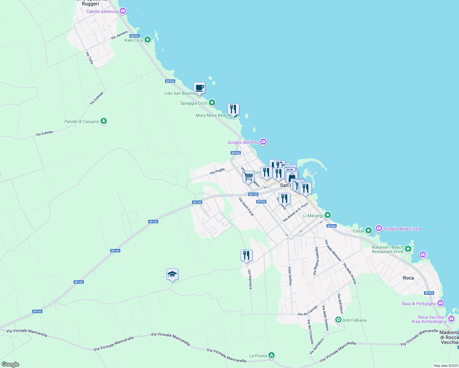 map of restaurants, bars, coffee shops, grocery stores, and more near 5 Via Matteo Ricci in San Foca