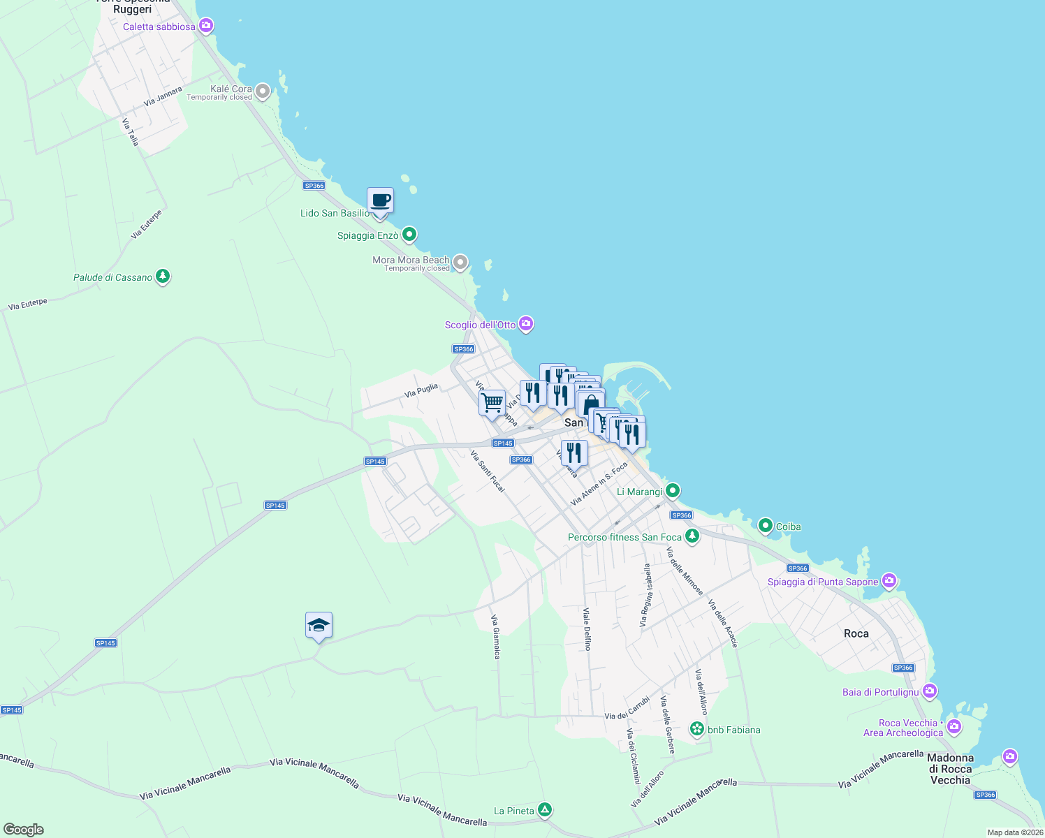 map of restaurants, bars, coffee shops, grocery stores, and more near 112 Via Duca Degli Abbruzzi in San Foca