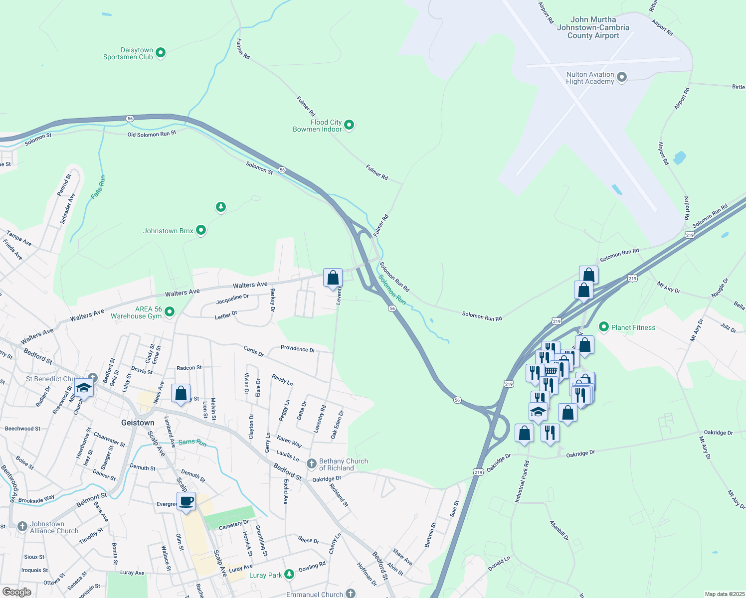 map of restaurants, bars, coffee shops, grocery stores, and more near 199 Foust Dr in Johnstown