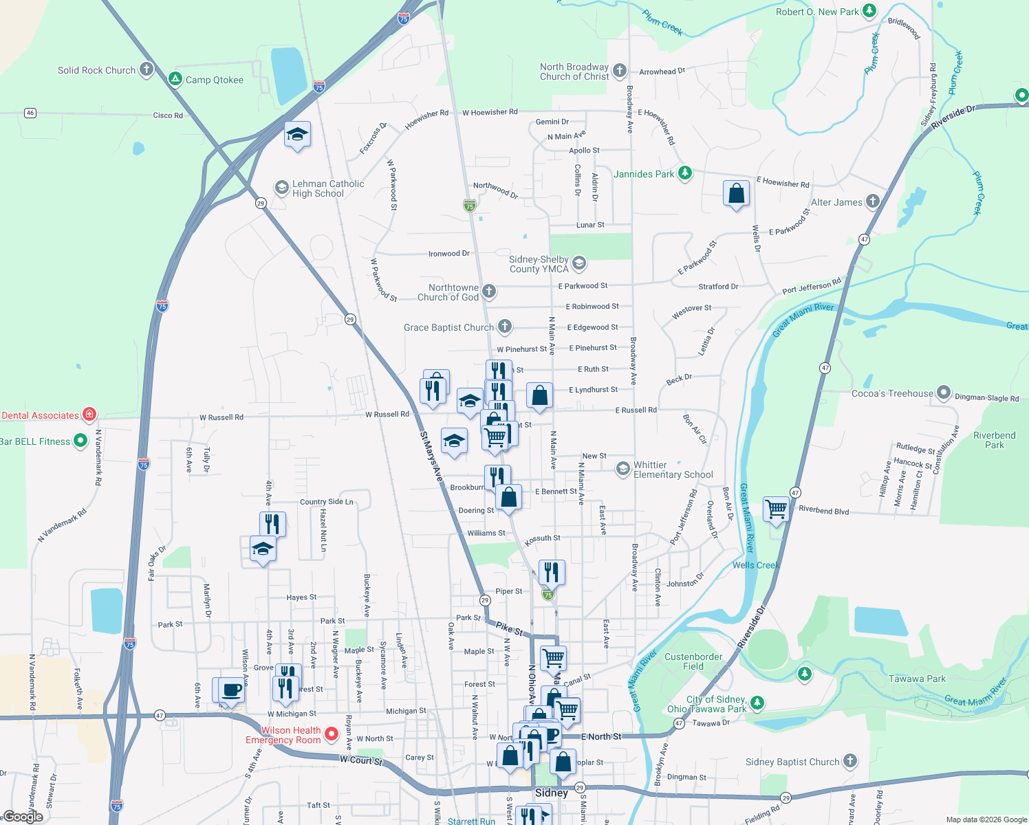 map of restaurants, bars, coffee shops, grocery stores, and more near 117 West Russell Road in Sidney