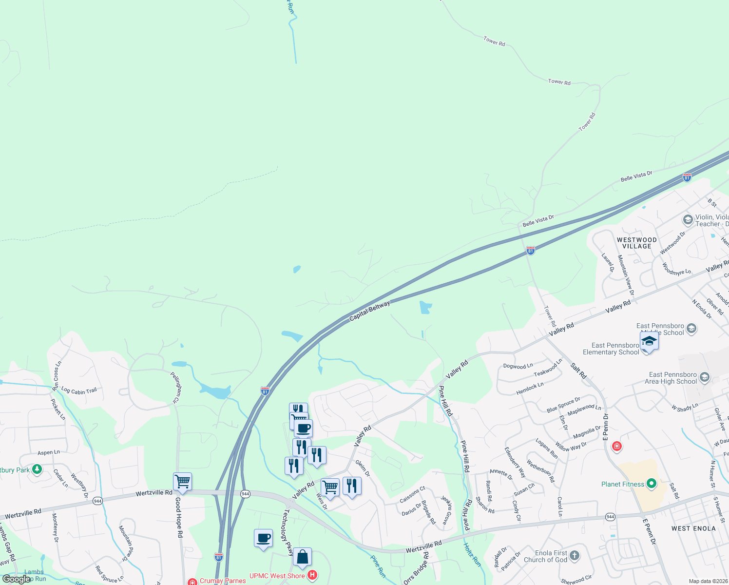 map of restaurants, bars, coffee shops, grocery stores, and more near 1622 Holtz Road in Enola
