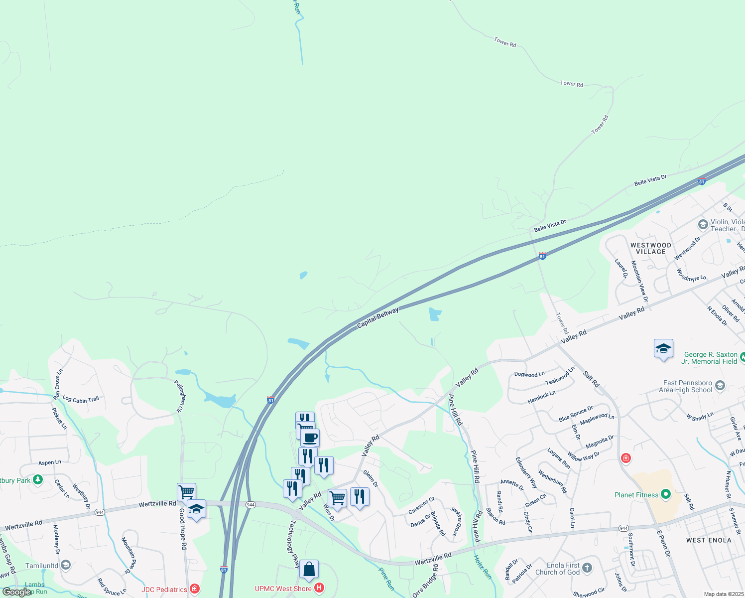 map of restaurants, bars, coffee shops, grocery stores, and more near 1607 Holtz Road in Enola