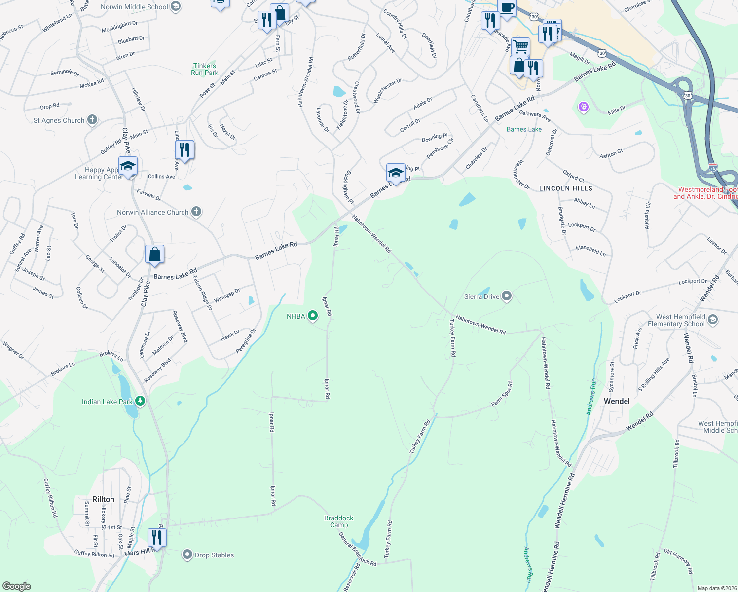 map of restaurants, bars, coffee shops, grocery stores, and more near 1900 Hahntown-Wendel Road in Irwin