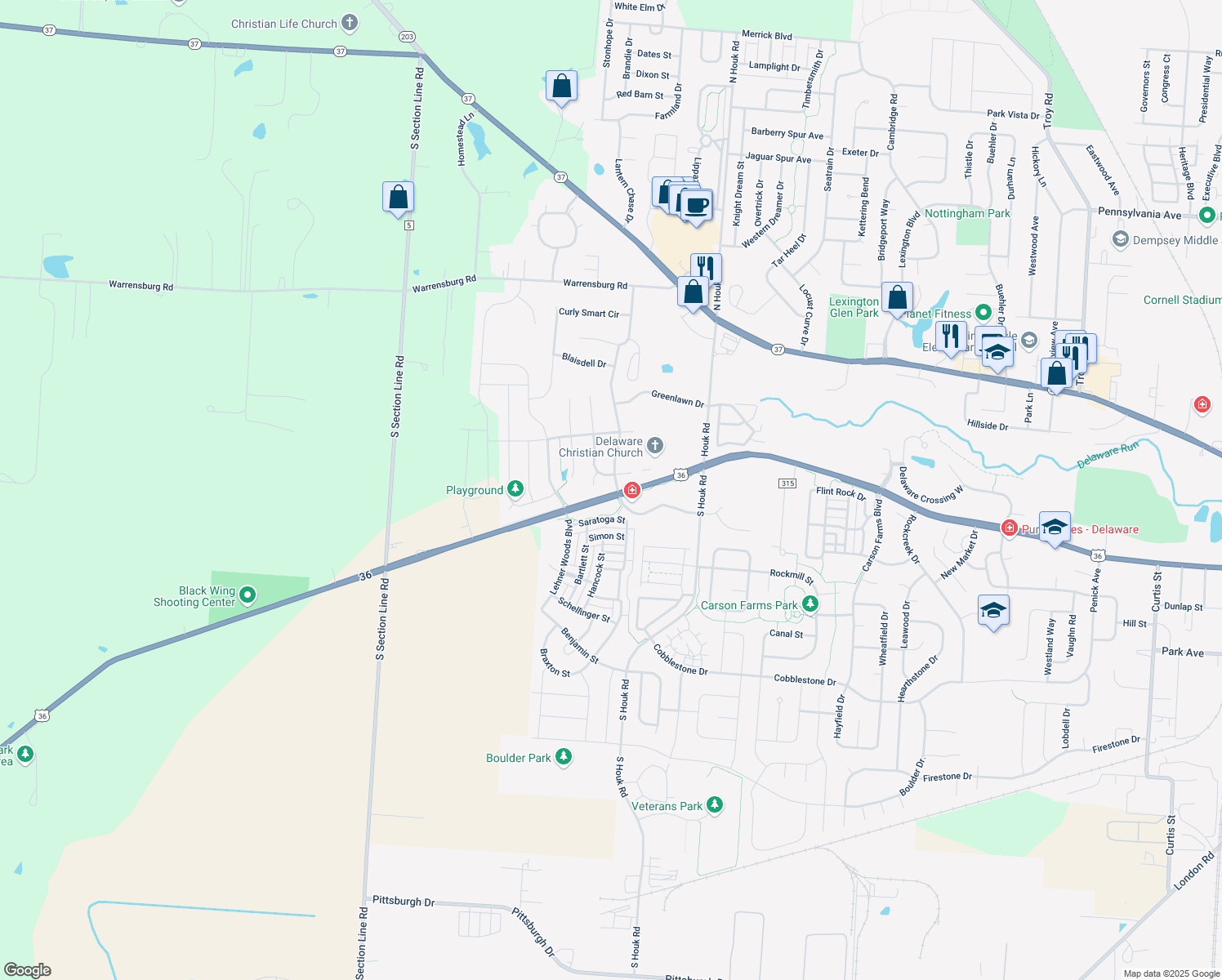 map of restaurants, bars, coffee shops, grocery stores, and more near 511 Grand Circuit Boulevard in Delaware