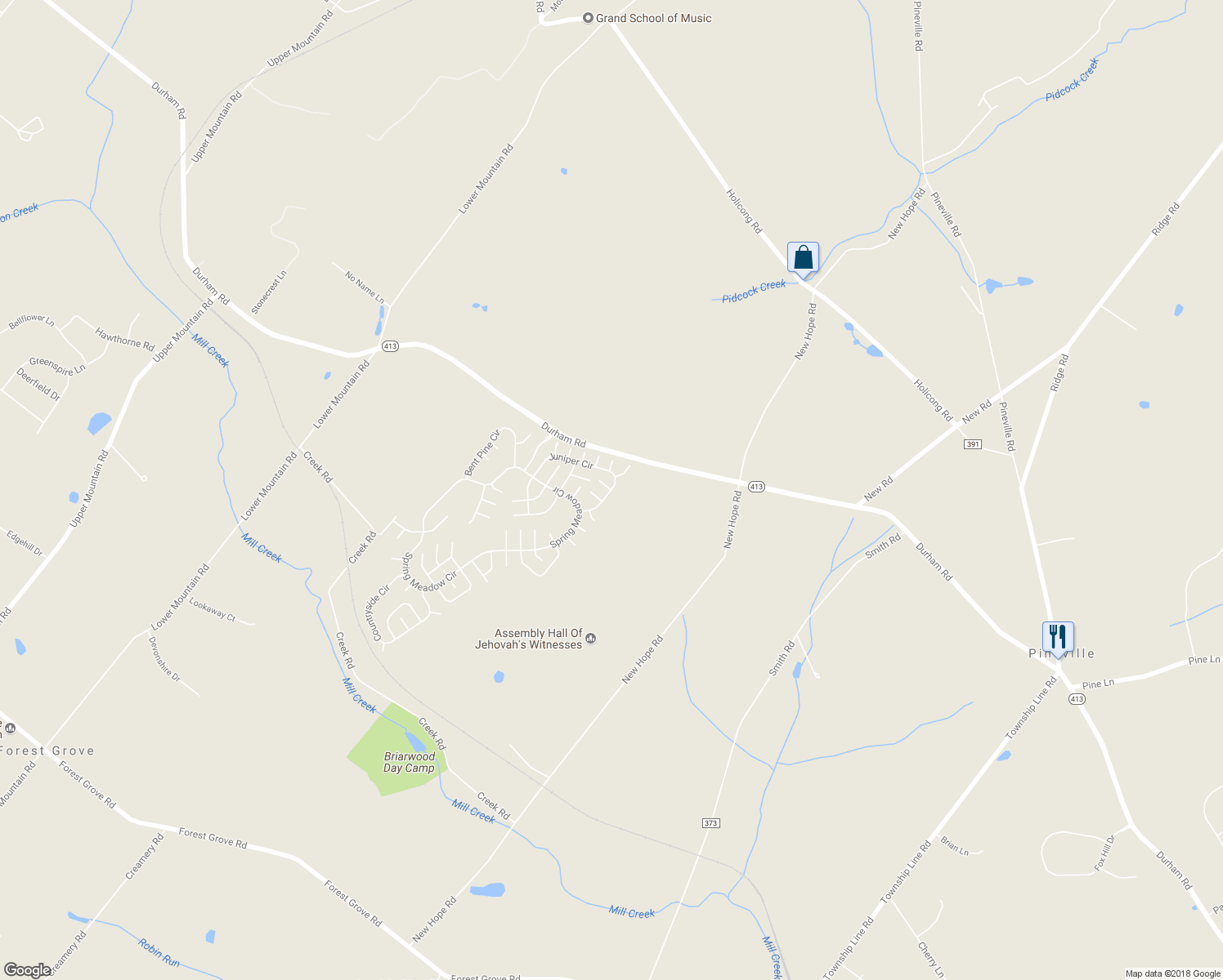 map of restaurants, bars, coffee shops, grocery stores, and more near 45 Juniper Circle in New Hope