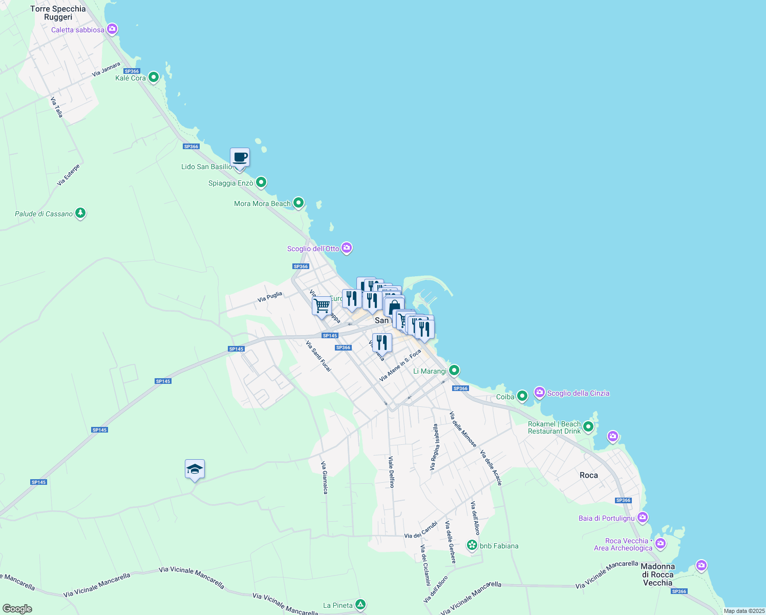 map of restaurants, bars, coffee shops, grocery stores, and more near 81-83 Via Lungomare Matteotti in San Foca