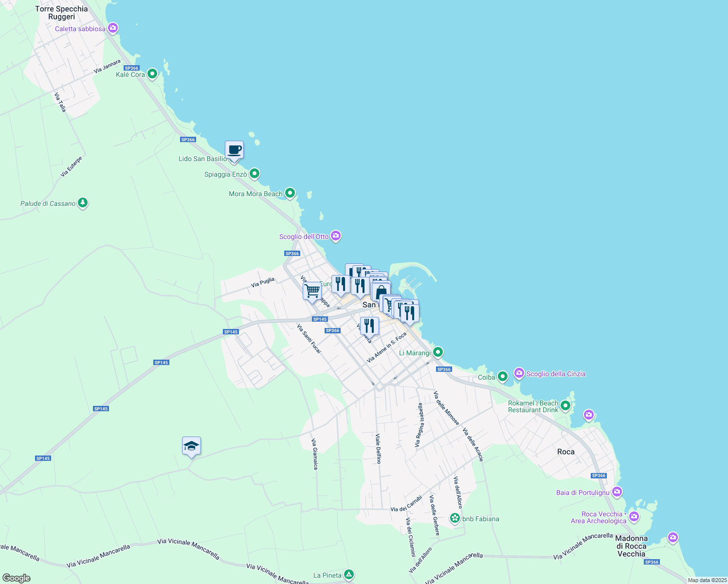 map of restaurants, bars, coffee shops, grocery stores, and more near 87 Via Lungomare Matteotti in San Foca