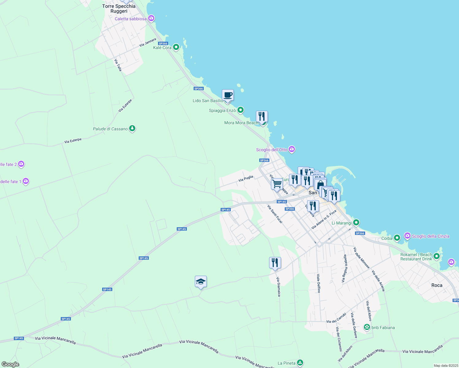 map of restaurants, bars, coffee shops, grocery stores, and more near 19 Via Puglia in San Foca