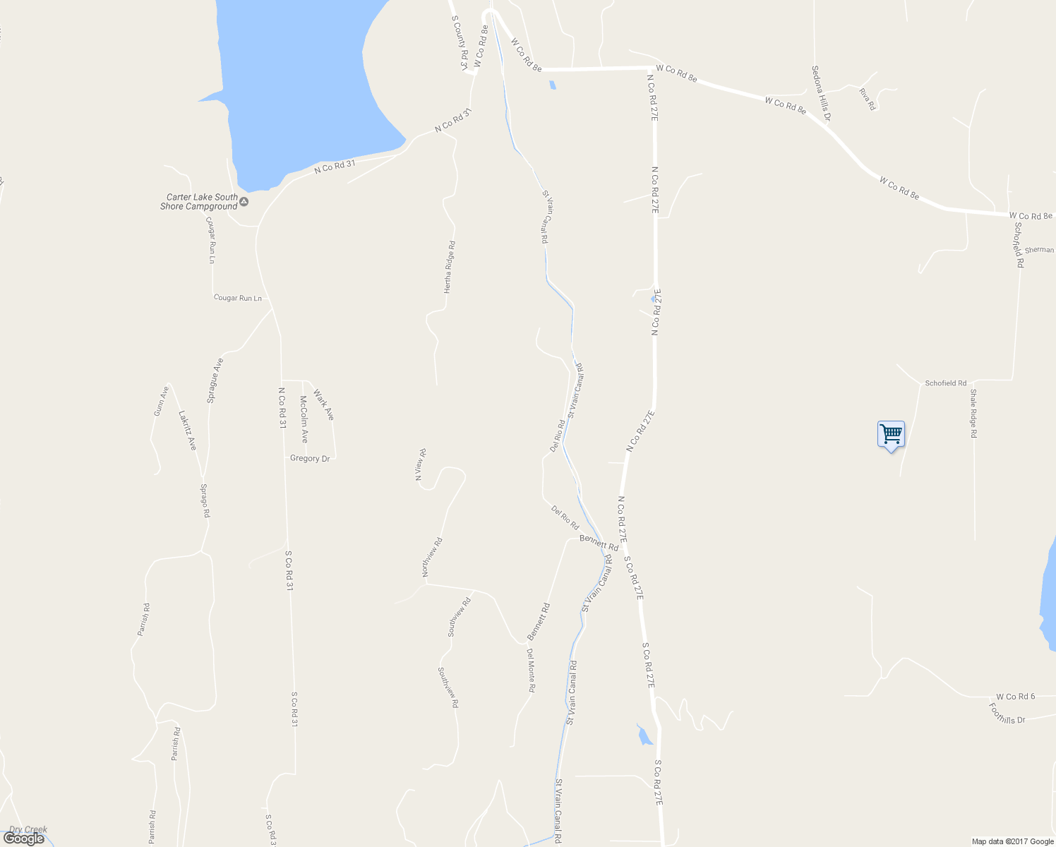 map of restaurants, bars, coffee shops, grocery stores, and more near 407 Del Rio Road in Berthoud