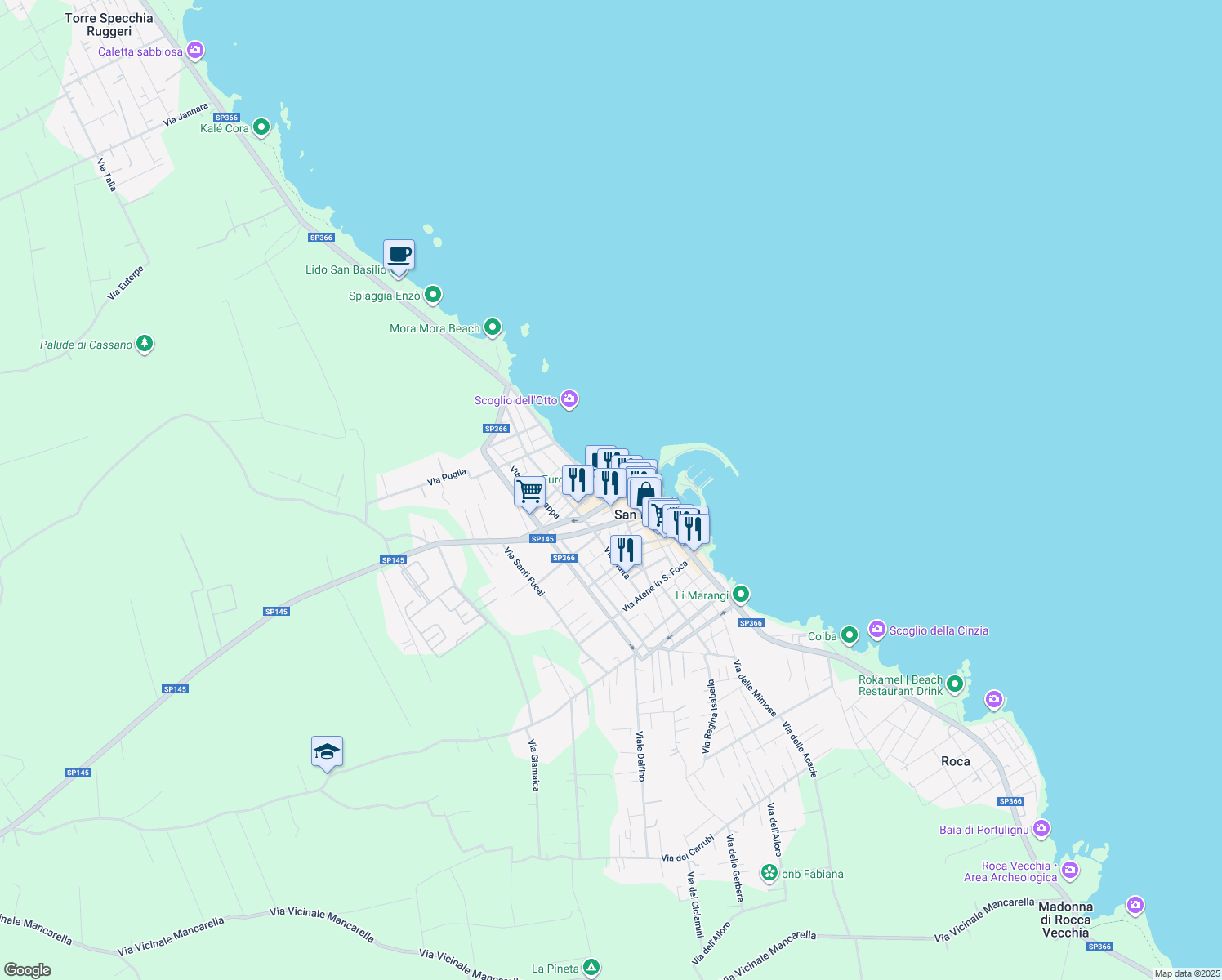 map of restaurants, bars, coffee shops, grocery stores, and more near 87 Via Lungomare Matteotti in San Foca