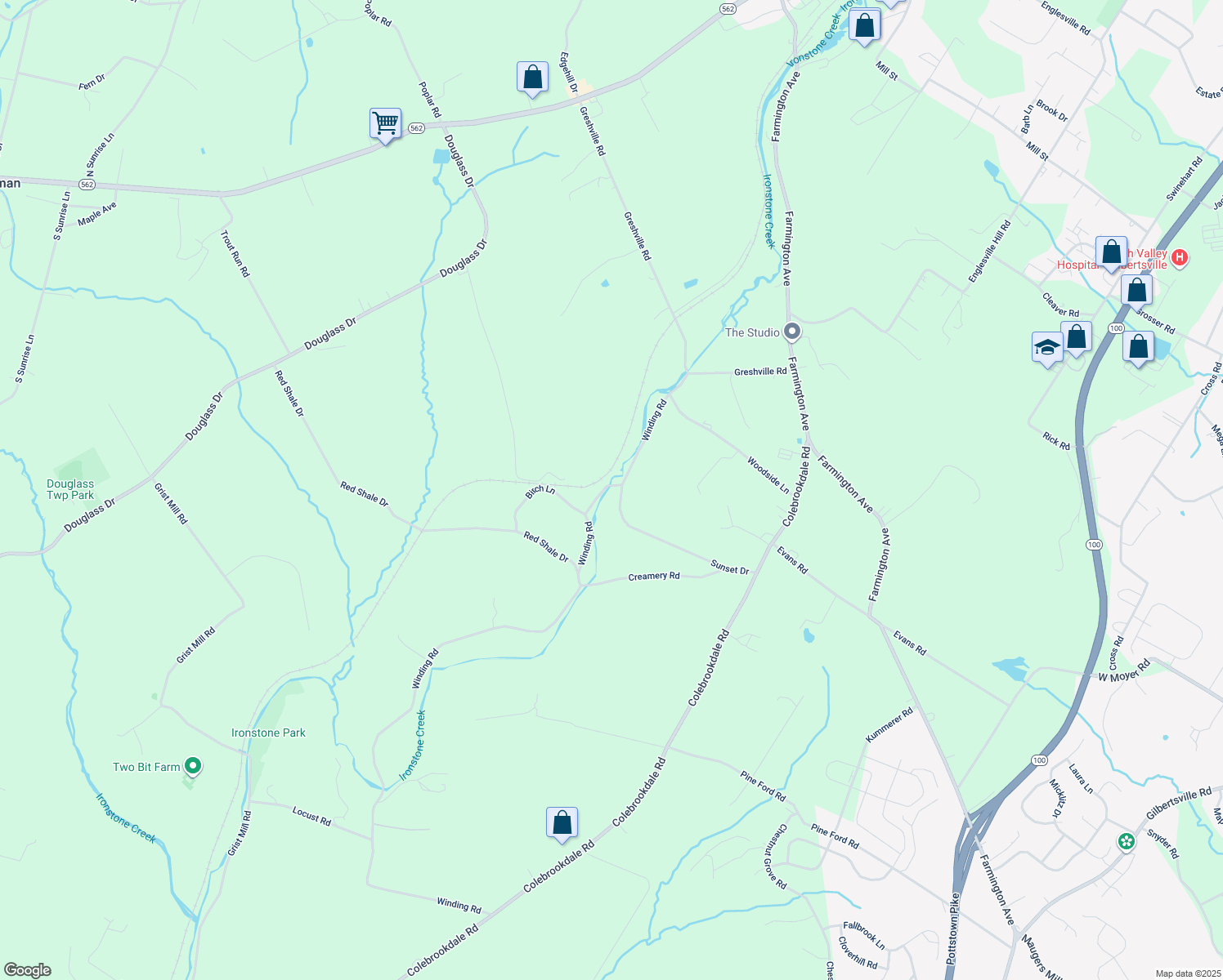 map of restaurants, bars, coffee shops, grocery stores, and more near 404 Winding Road in Boyertown