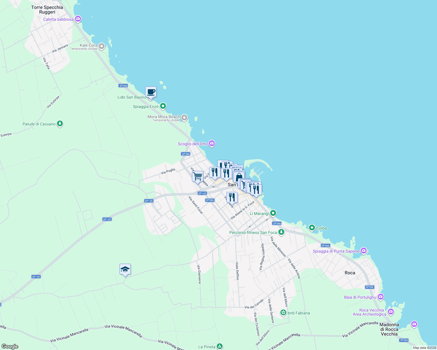 map of restaurants, bars, coffee shops, grocery stores, and more near 2 Via Duca D'Aosta in San Foca