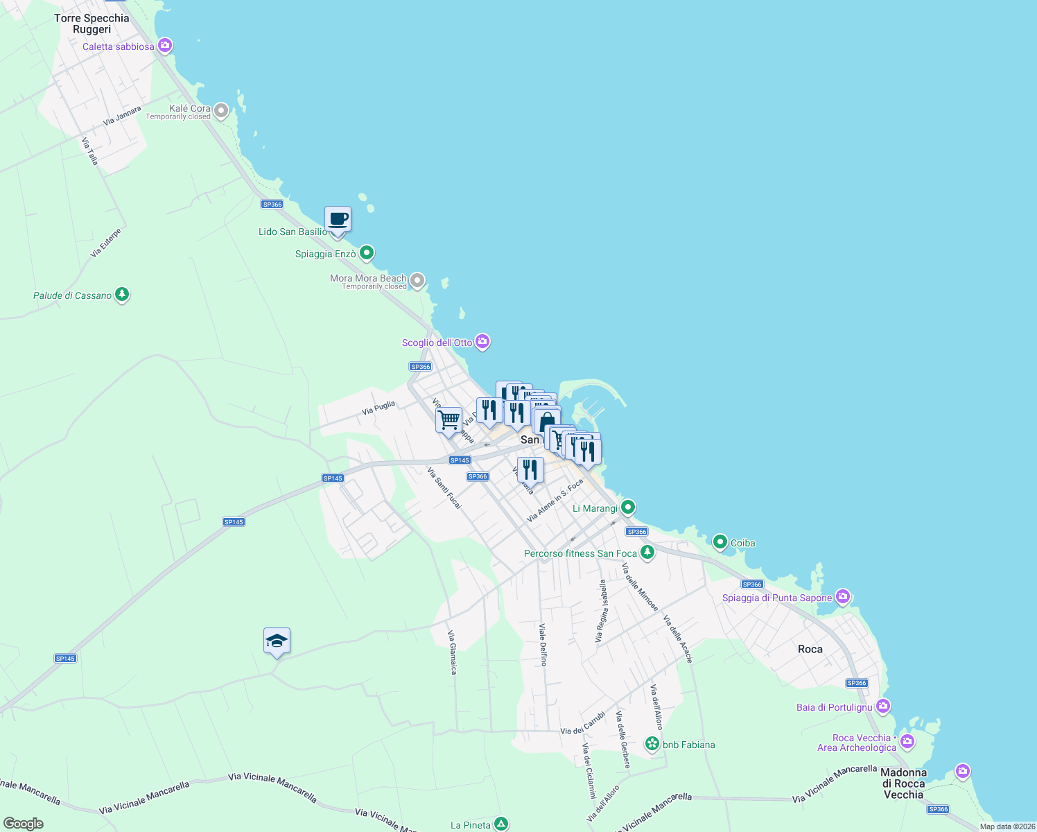 map of restaurants, bars, coffee shops, grocery stores, and more near 87 Via Lungomare Matteotti in San Foca
