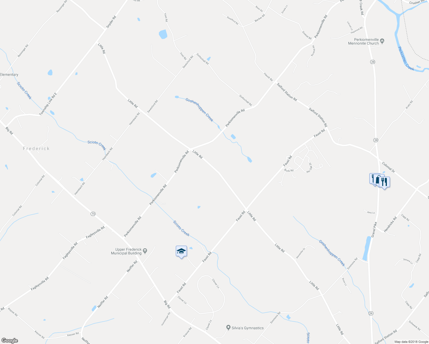 map of restaurants, bars, coffee shops, grocery stores, and more near 3208 Little Road in Perkiomenville
