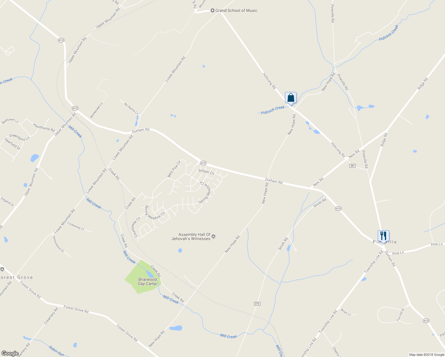 map of restaurants, bars, coffee shops, grocery stores, and more near 7 Juniper Circle in New Hope