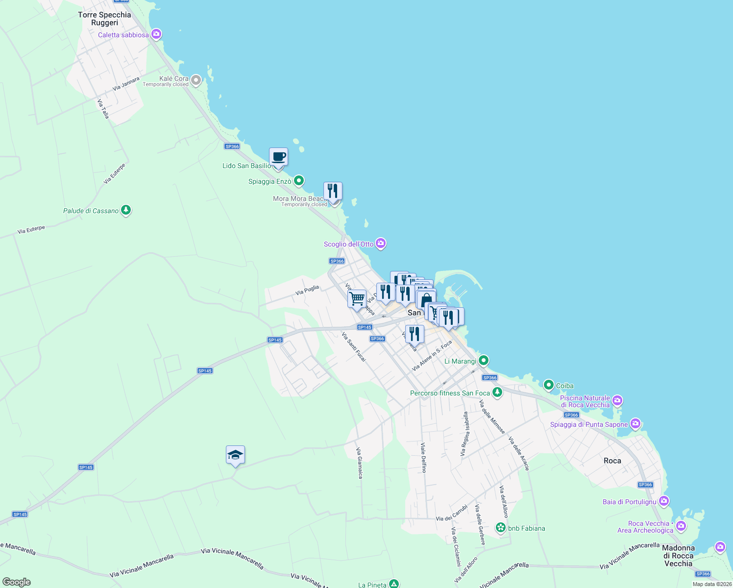 map of restaurants, bars, coffee shops, grocery stores, and more near 29 Via Vincenzo Bellini in San Foca