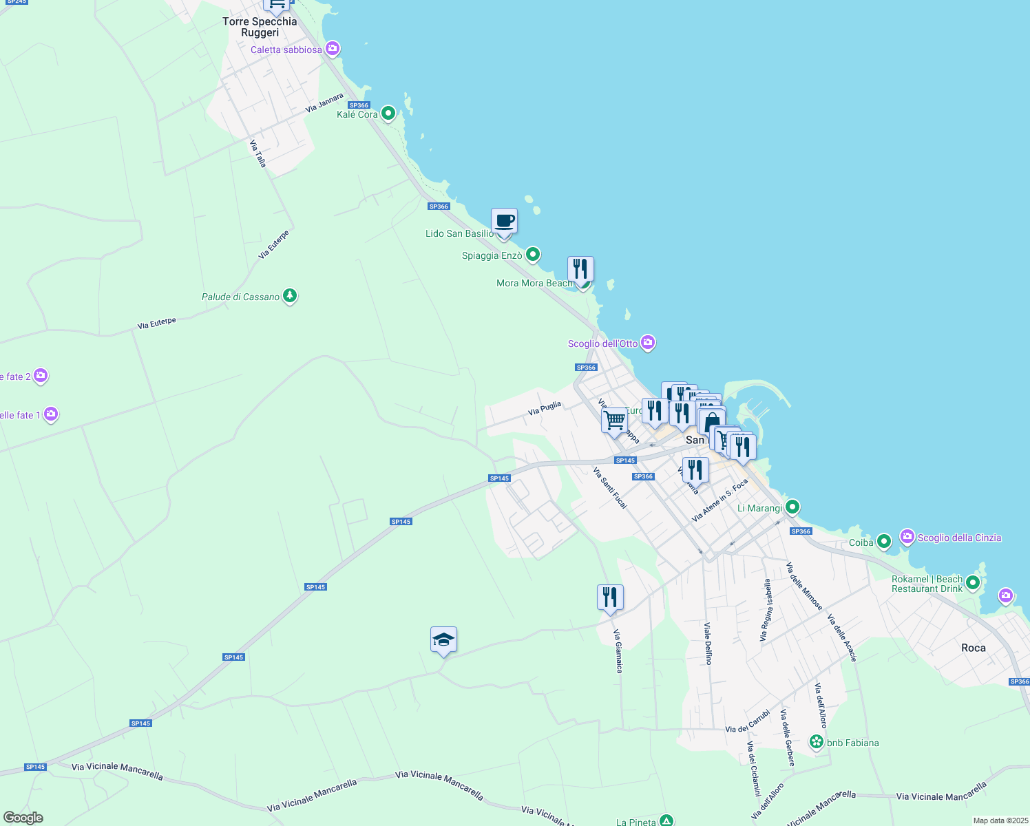 map of restaurants, bars, coffee shops, grocery stores, and more near 19 Via Puglia in San Foca