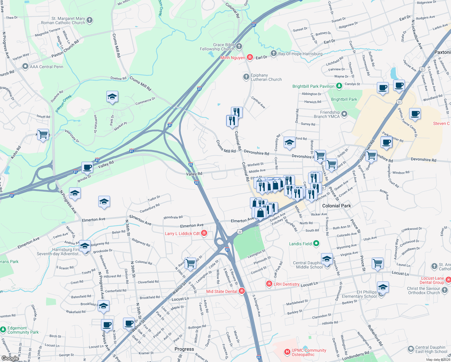 map of restaurants, bars, coffee shops, grocery stores, and more near 4117 Kimbers Road in Harrisburg