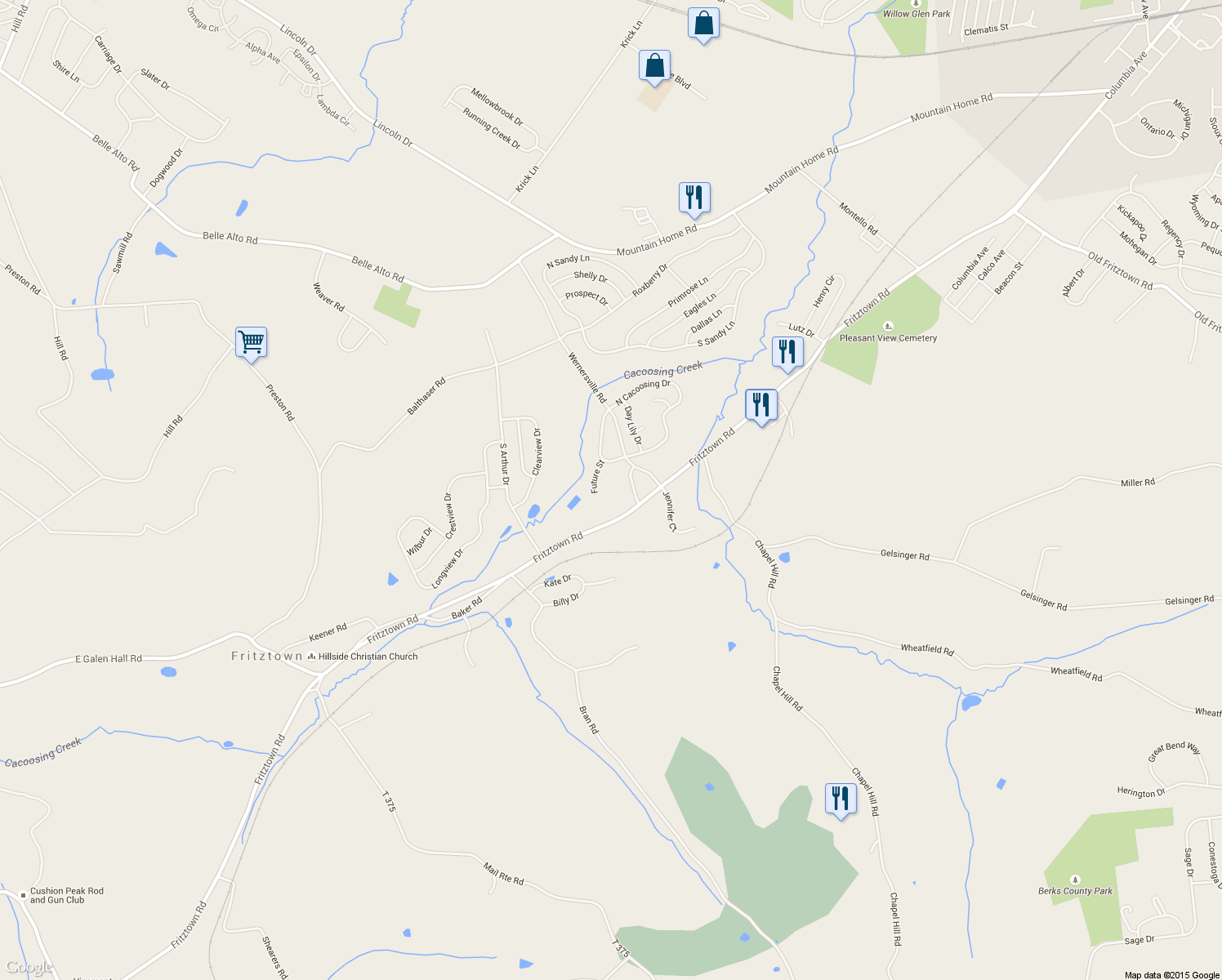 map of restaurants, bars, coffee shops, grocery stores, and more near 917 Fritztown Rd in Sinking Spring