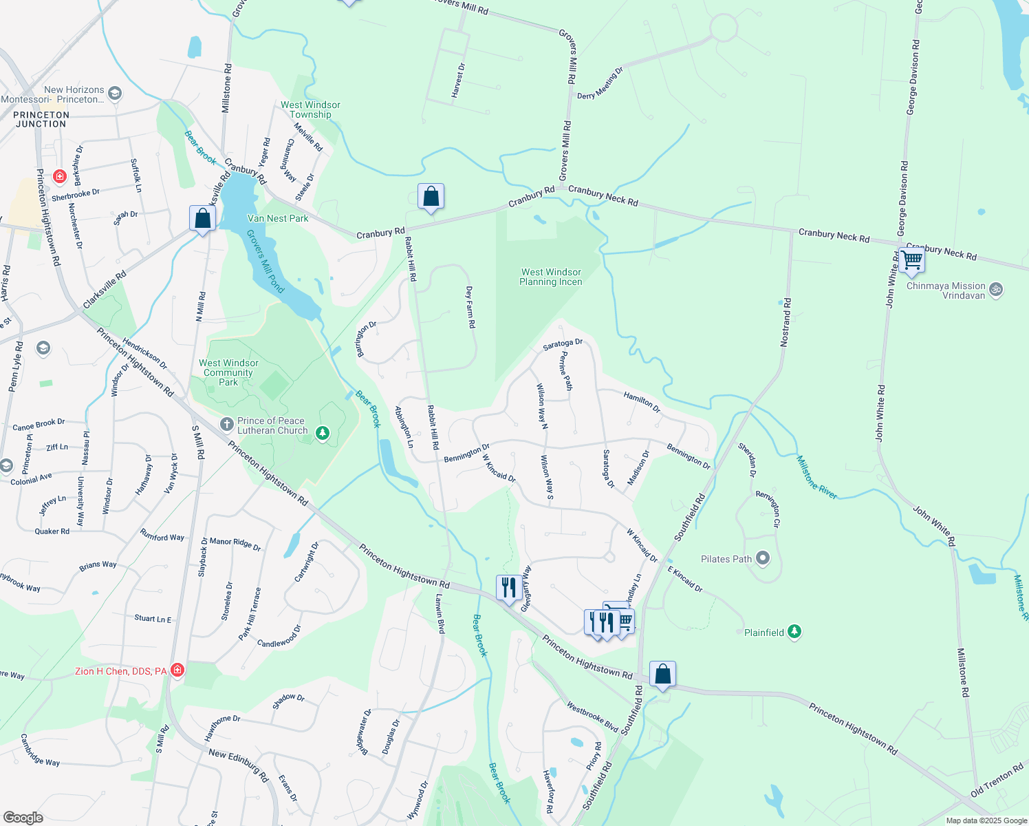 map of restaurants, bars, coffee shops, grocery stores, and more near 1 Ruthies Run in West Windsor Township