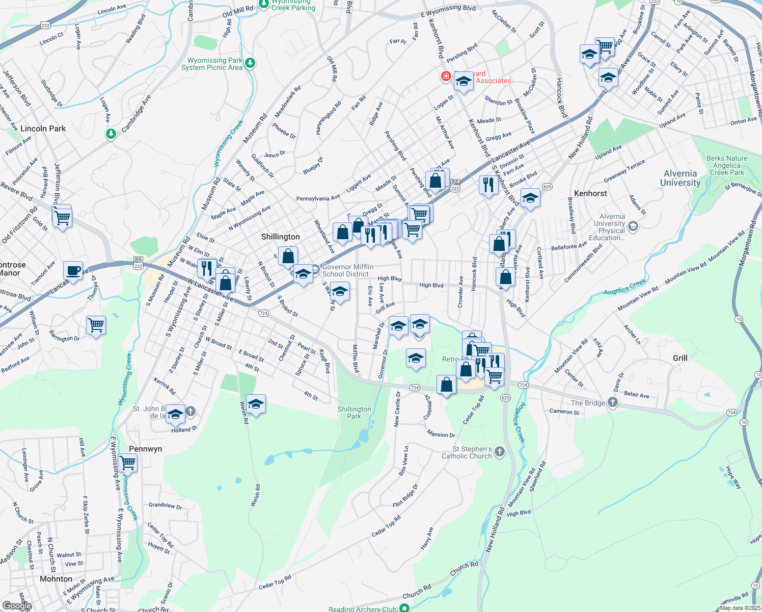 map of restaurants, bars, coffee shops, grocery stores, and more near 515 Grill Avenue in Reading